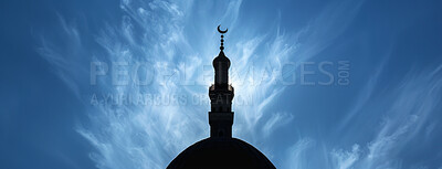 Buy stock photo Belief, faith and roof of mosque on dramatic sky with space for Islamic religion or tradition. Architecture, building and temple with art, ornament or moon symbol of holy Muslim culture on clouds