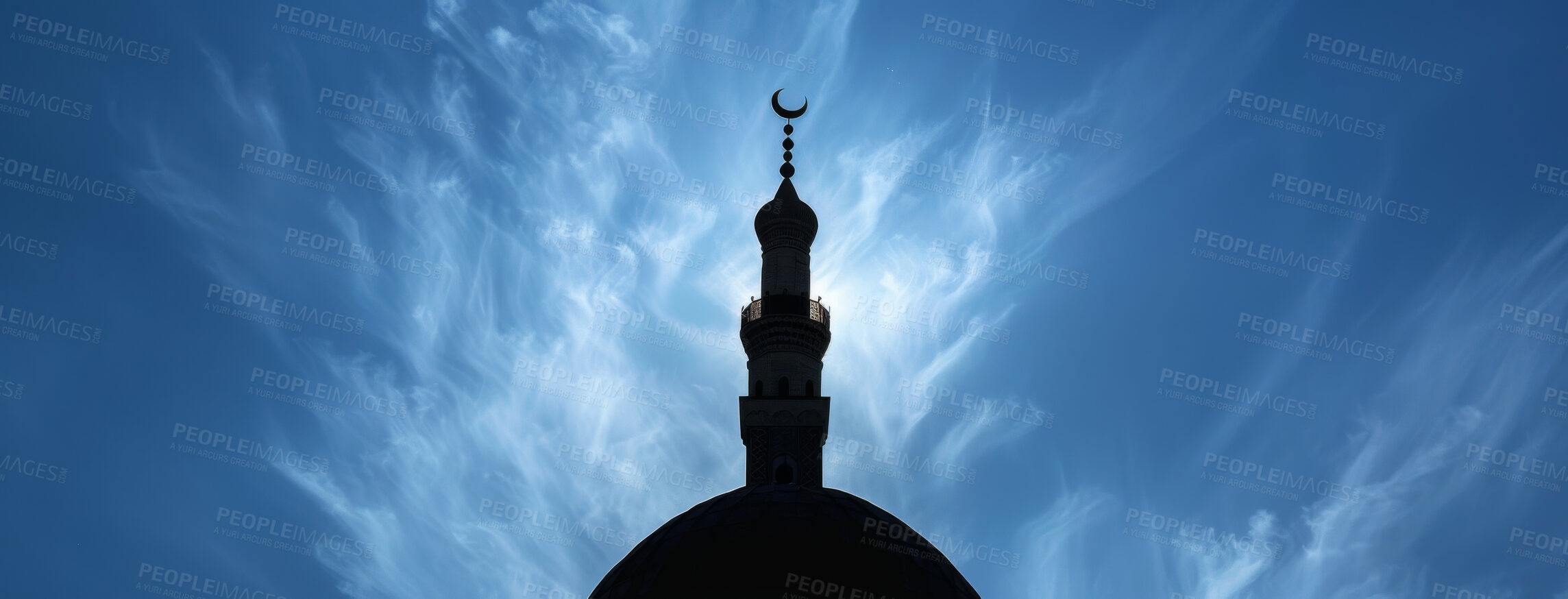 Buy stock photo Belief, faith and roof of mosque on dramatic sky with space for Islamic religion or tradition. Architecture, building and temple with art, ornament or moon symbol of holy Muslim culture on clouds