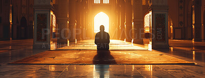 Buy stock photo Light, prayer and silhouette of man in mosque with praise for religion, trust and peace in salah. Muslim, person and faith in religious building with blessing for dua, healing and gratitude to Allah