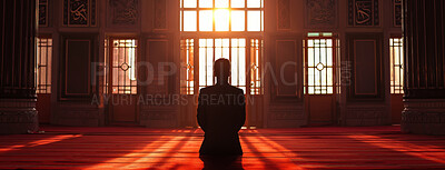 Buy stock photo Light, silhouette and man in mosque with praise for healing, trust and peace in prayer banner. Person, muslim and calm in religious building with worship at sunset for dua, faith and praying to Allah