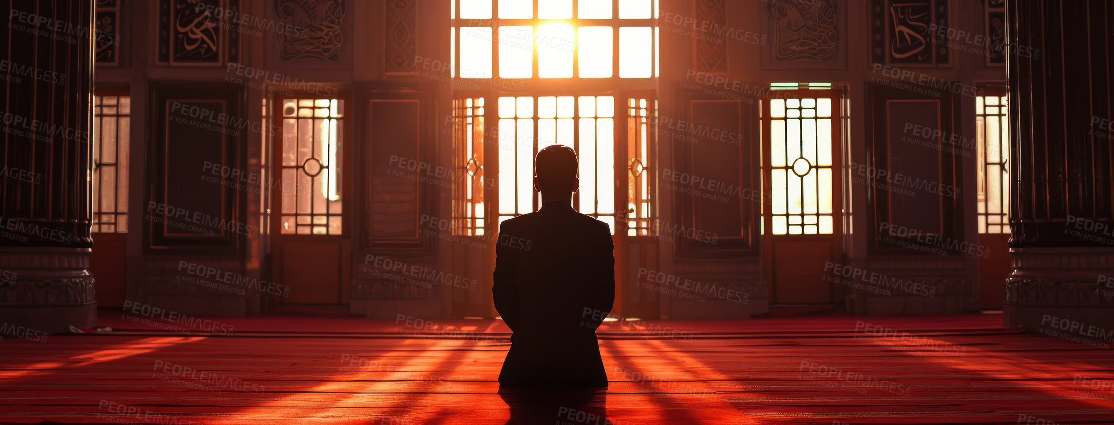 Buy stock photo Light, silhouette and man in mosque with praise for healing, trust and peace in prayer banner. Person, muslim and calm in religious building with worship at sunset for dua, faith and praying to Allah