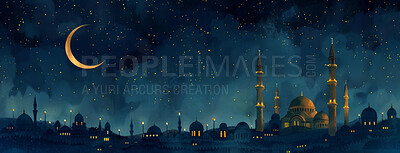 Buy stock photo Belief, faith and mosque landscape on dark sky at night with space for religion or tradition. Architecture, buildings and temple in evening with art, decor or moon as symbol of holy Muslim culture