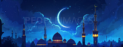 Buy stock photo Belief, faith and mosque art on night sky with clouds space for religion or tradition. Architecture, building and outdoor temple in evening with moon as symbol of holy Islamic or Muslim culture