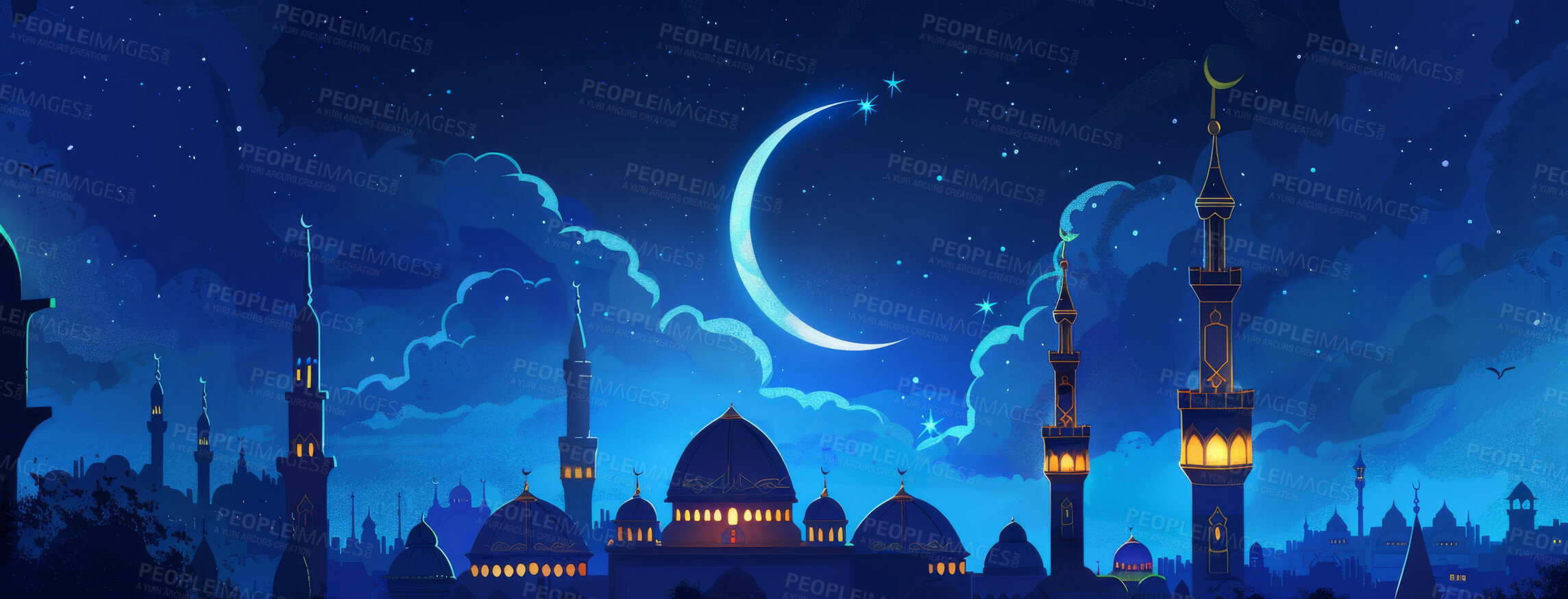Buy stock photo Belief, faith and mosque art on night sky with clouds space for religion or tradition. Architecture, building and outdoor temple in evening with moon as symbol of holy Islamic or Muslim culture