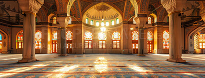 Buy stock photo Building, religion and interior of Islamic mosque for culture or tradition of holy prayer or worship. Architecture, belief and faith with art or decoration in Muslim temple of Allah for humble praise