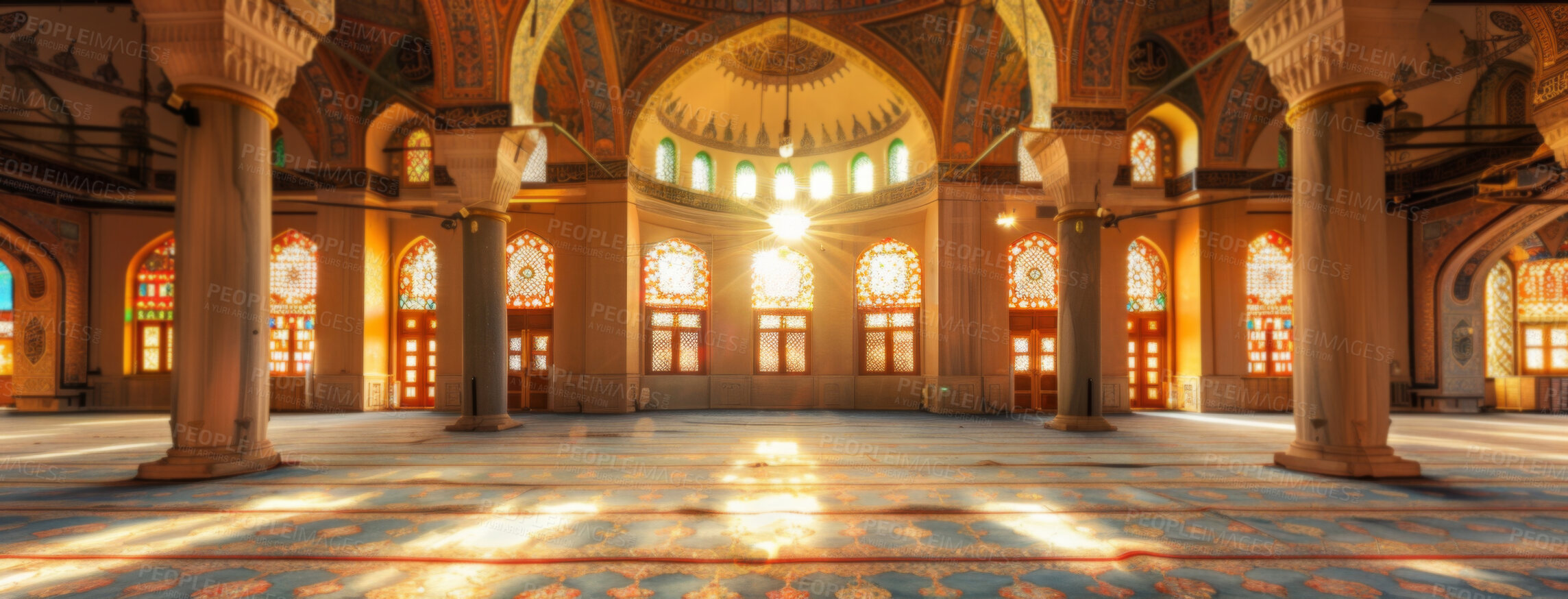 Buy stock photo Building, religion and interior of Islamic mosque for culture or tradition of holy prayer or worship. Architecture, belief and faith with art or decoration in Muslim temple of Allah for humble praise