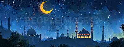 Buy stock photo Mosque, wallpaper and illustration with banner in Islam with mockup space or artistic with design in Dubai. Muslim, religion and landscape with Arabic country with eid poster for ramadan with night.