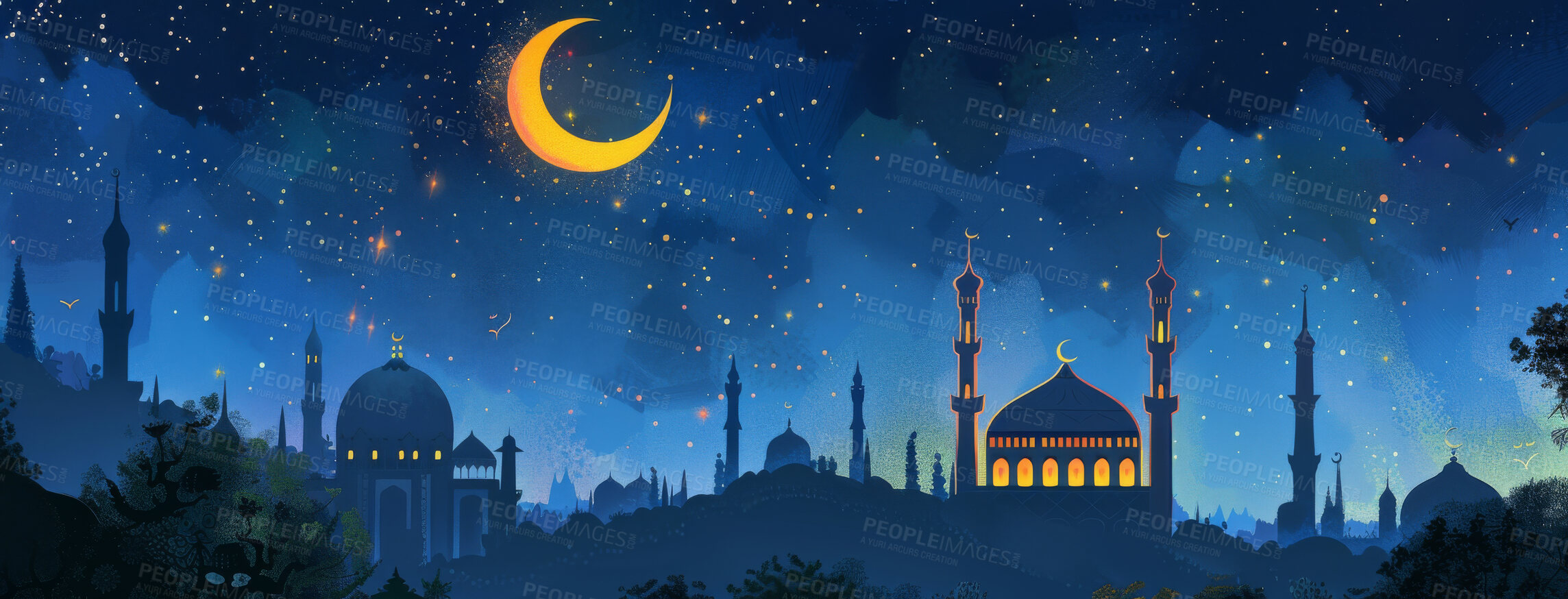 Buy stock photo Mosque, wallpaper and illustration with banner in Islam with mockup space or artistic with design in Dubai. Muslim, religion and landscape with Arabic country with eid poster for ramadan with night.