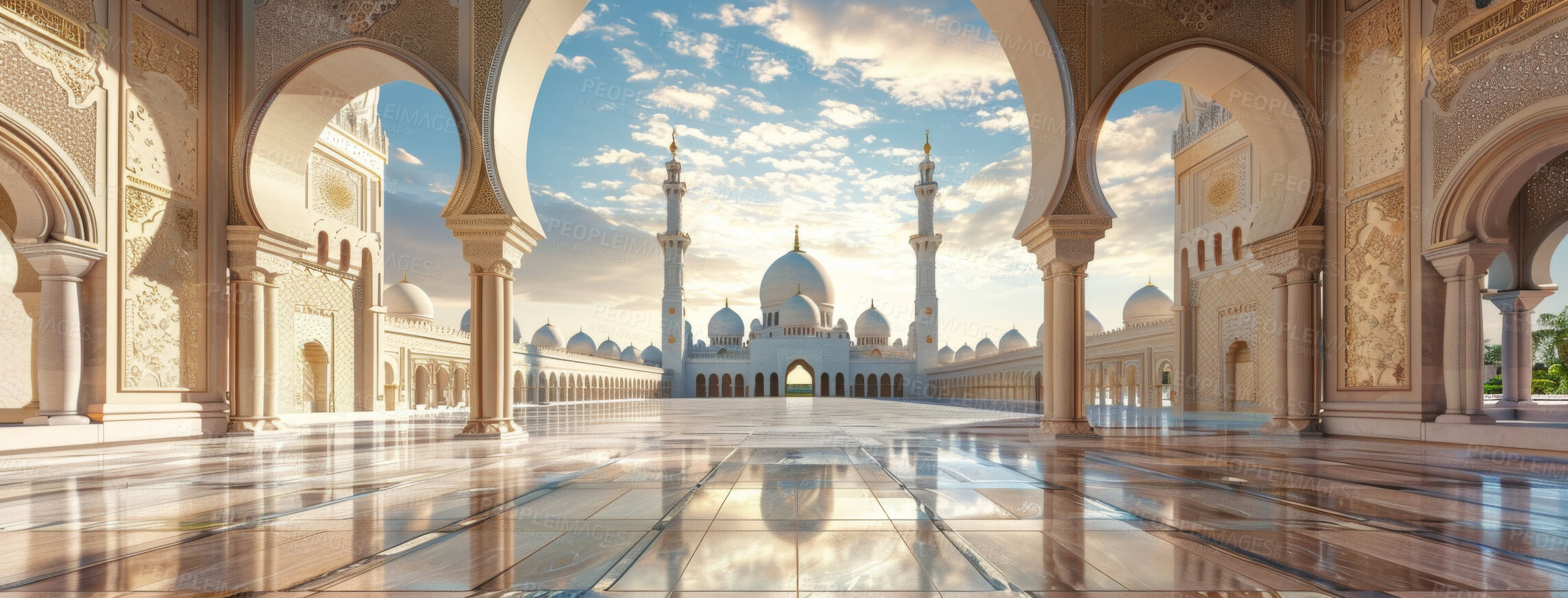 Buy stock photo Mosque, wallpaper and building for worship in Islam with architecture or blue sky with banner in Dubai. Muslim, religion and landscape with Arabic country with respect for spiritual with admiration. 