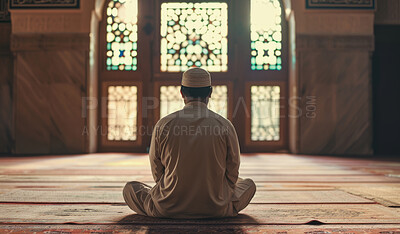 Buy stock photo Allah, mosque and man with praying on floor for islamic worship, religion and gratitude in salah. Muslim, person and peace in religious building with support for spiritual healing, faith and dua