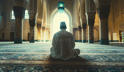 Buy stock photo Allah, mosque and man with praying on floor for islamic worship, religion and support in salah. Muslim, faith and person in religious building with peace for spiritual praise, back and healing in dua