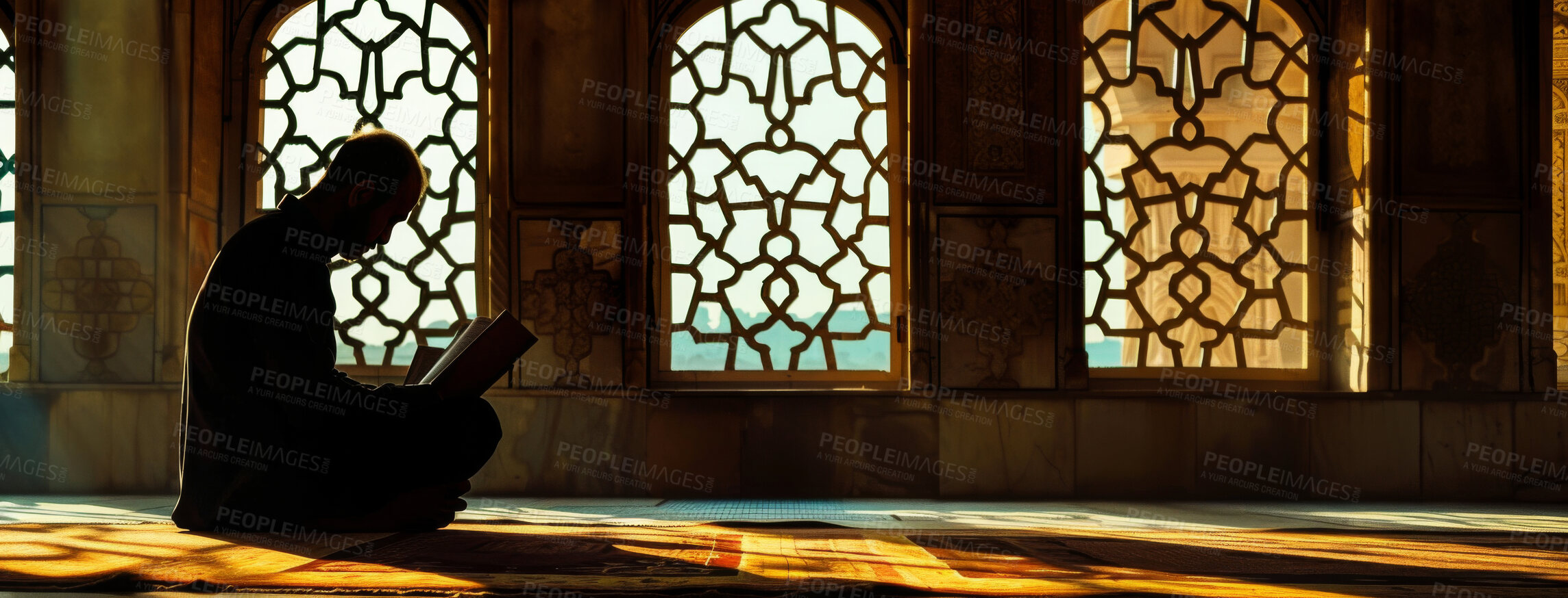 Buy stock photo Quran, reading and silhouette of man in mosque with praying for worship, gratitude and healing in salah. Muslim, person and peace in religious building with support for faith, dua and praise to Allah