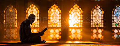 Buy stock photo Quran, praying and silhouette of man in mosque with worship for religion, gratitude and peace in salah. Muslim, person and light in masjid with reading for spiritual healing, dua and praise to Allah