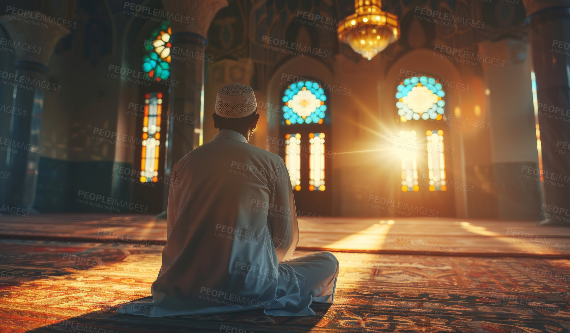 Buy stock photo Muslim, praying and man in mosque with worship for religion, support and gratitude to Allah. Sunset, person and light in religious building with peace for spiritual healing, dua and praise in salah