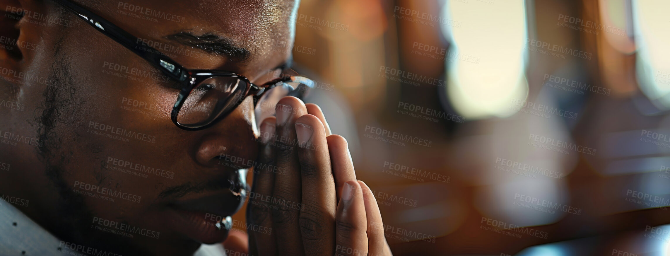 Buy stock photo Face, black man and temple with praying as Christian for salvation, hope and worship with faith. Religion, healing and respect with praise for guidance, protection and spirituality for connection