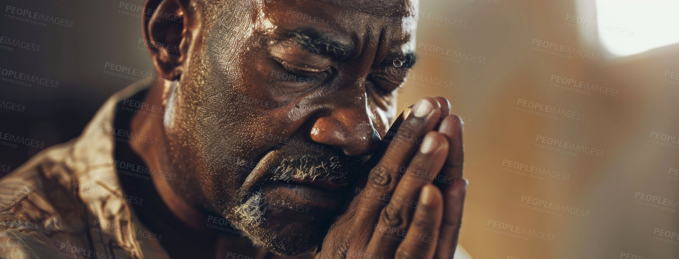 Buy stock photo Church, senior man and praying for faith, spiritual and thank you with gratitude, retirement and forgiveness. Hope, Christian and mature guy in banner, peace and trust with healing, praise or culture