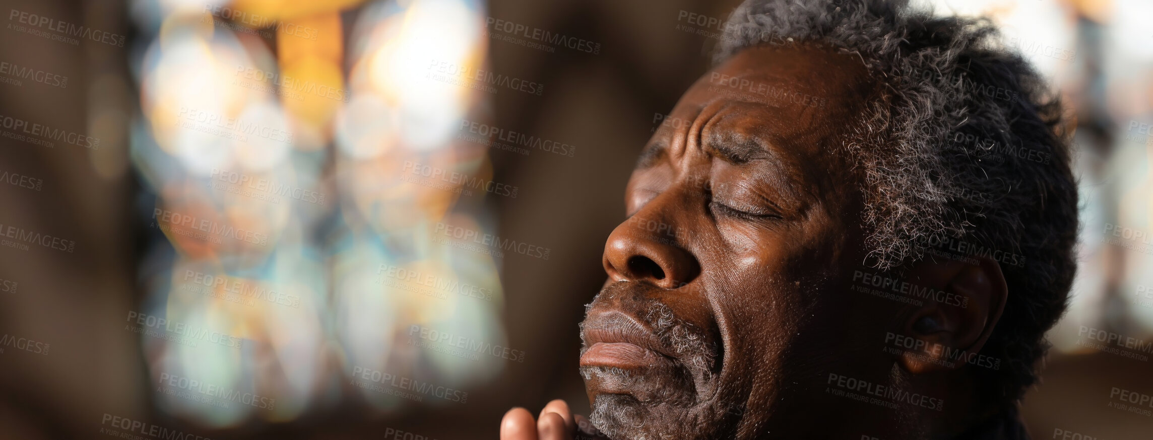 Buy stock photo Face, black man and church with praying as Christian for salvation, hope and worship with faith. Religion, healing and respect as mature person for guidance, protection and spirituality to connect