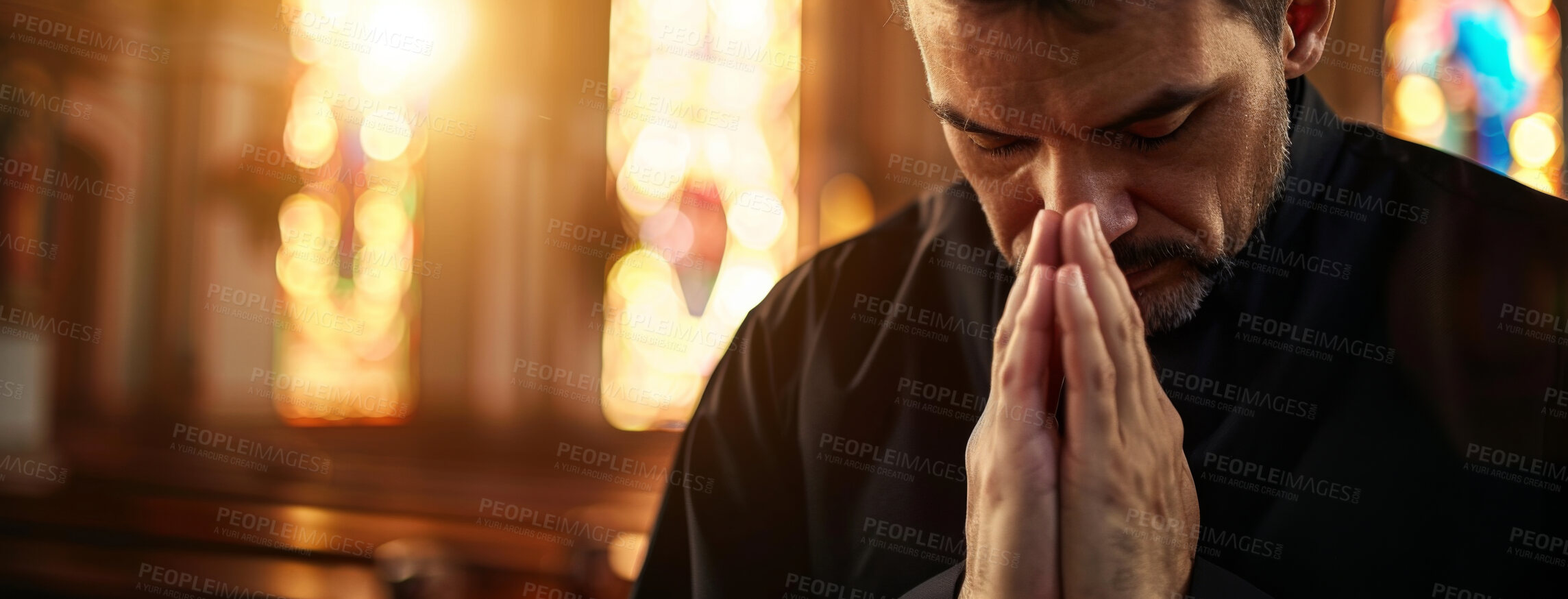 Buy stock photo Man, church and religious with praying as Christian for salvation, hope and worship with faith. Religion, healing and respect with praise for guidance, protection and spirituality for connection