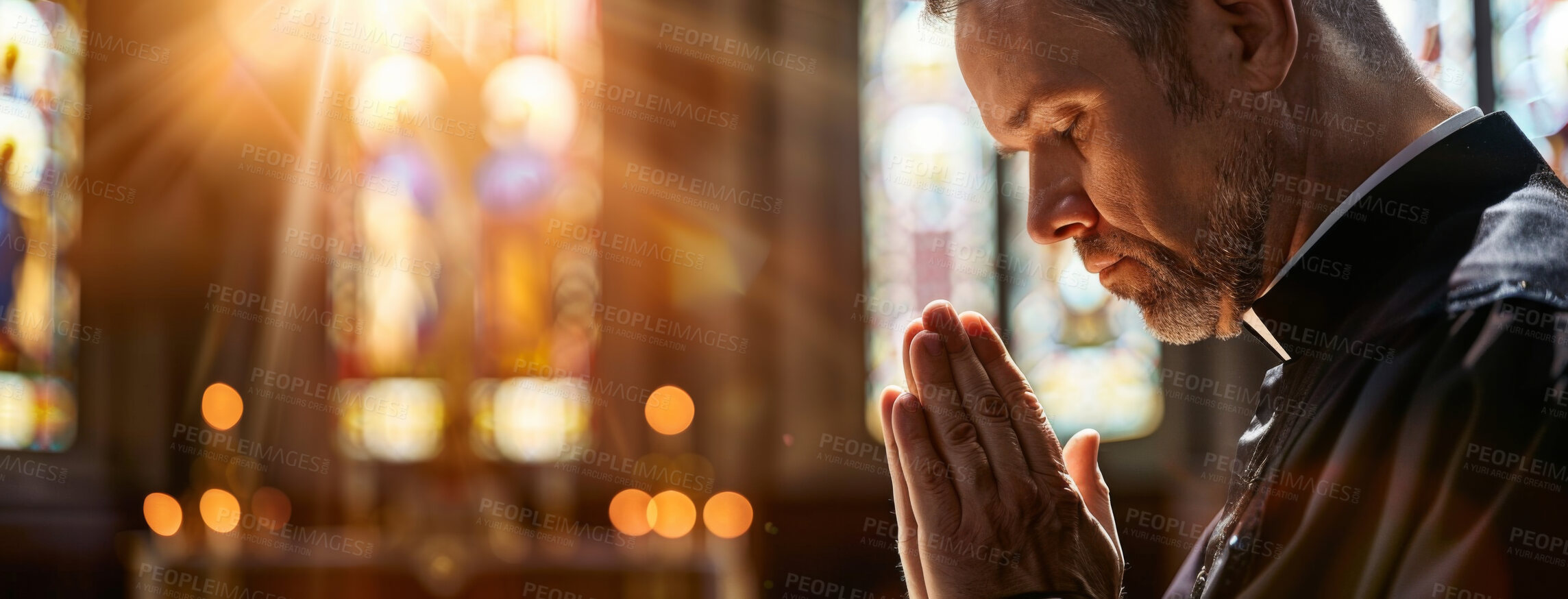 Buy stock photo Man, temple and religious with praying as Christian for salvation, hope and worship with faith. Religion, healing and respect with praise for guidance, protection and spirituality for healing