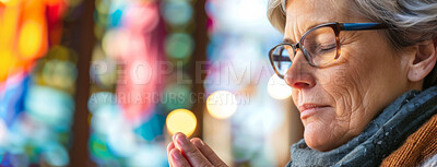 Buy stock photo Mature, woman and praying with hands in church with eyes closed, Sunday service and Christian believer in prayer. God, Jesus and worship for gratitude or repentance, faith belief and spirituality