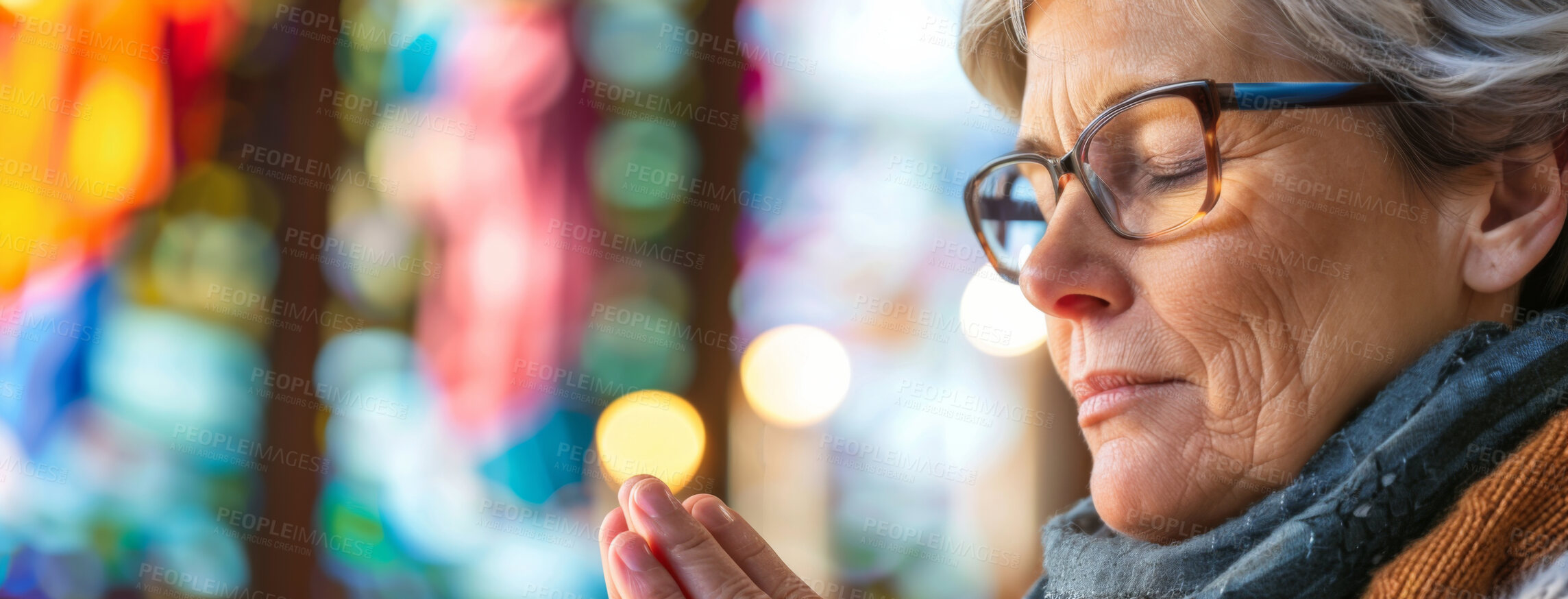 Buy stock photo Mature, woman and praying with hands in church with eyes closed, Sunday service and Christian believer in prayer. God, Jesus and worship for gratitude or repentance, faith belief and spirituality