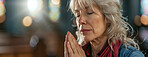 Woman, praying and hands in church with eyes closed, Sunday service and Christian believer in prayer to God. Jesus, worship and gratitude or repentance for faith belief, spirituality and healing