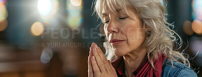 Buy stock photo Woman, praying and hands in church with eyes closed, Sunday service and Christian believer in prayer to God. Jesus, worship and gratitude or repentance for faith belief, spirituality and healing