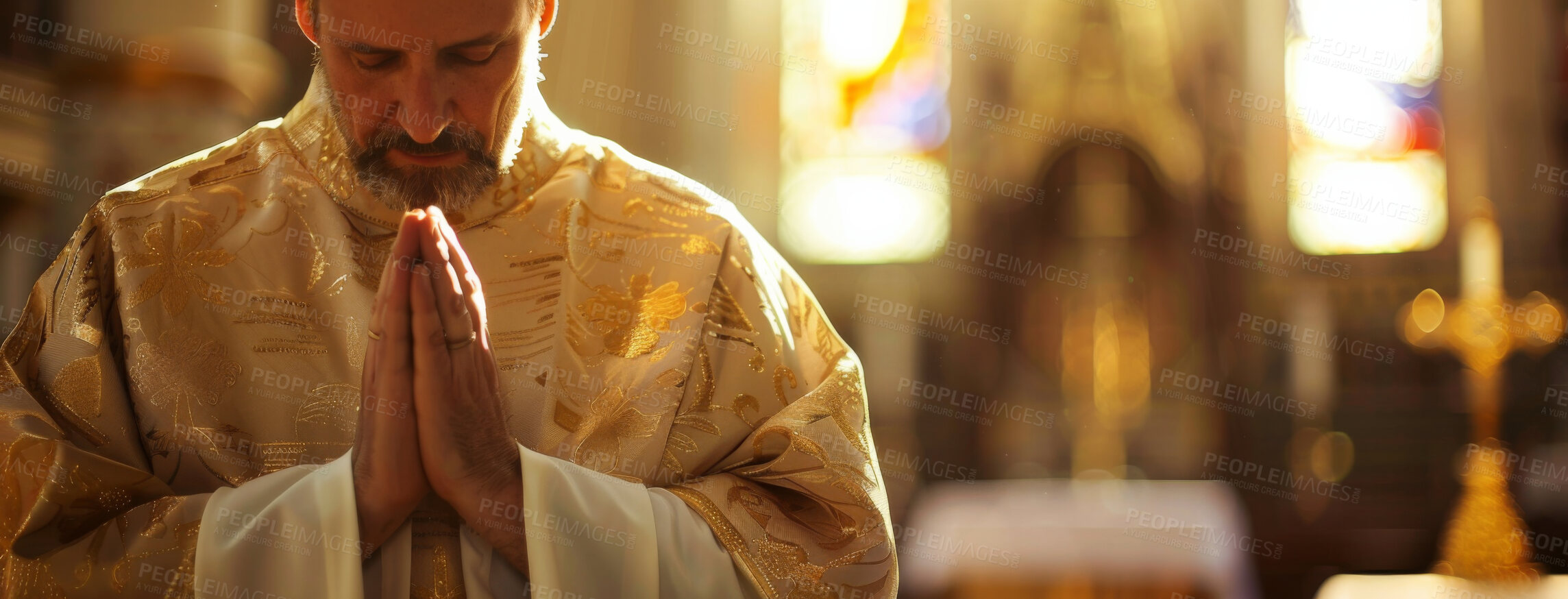 Buy stock photo Man, bishop and religion with praying as Christian for salvation, hope and worship with faith. Mature person, healing and respect with praise for guidance, protection and spirituality for gratitude