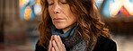 Praying, hands and mature woman in church for worship, spiritual faith or praise to God. Banner, bokeh and christian person for religion congregation, forgiveness or mindfulness in cathedral