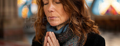 Buy stock photo Praying, hands and mature woman in church for worship, spiritual faith or praise to God. Banner, bokeh and christian person for religion congregation, forgiveness or mindfulness in cathedral