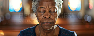 Buy stock photo Senior woman, prayer and faith for religion, church or cathedral for hope or spirituality. African lady, hands and worship for gratitude, forgiveness and holy gospel for God or Jesus for Christianity