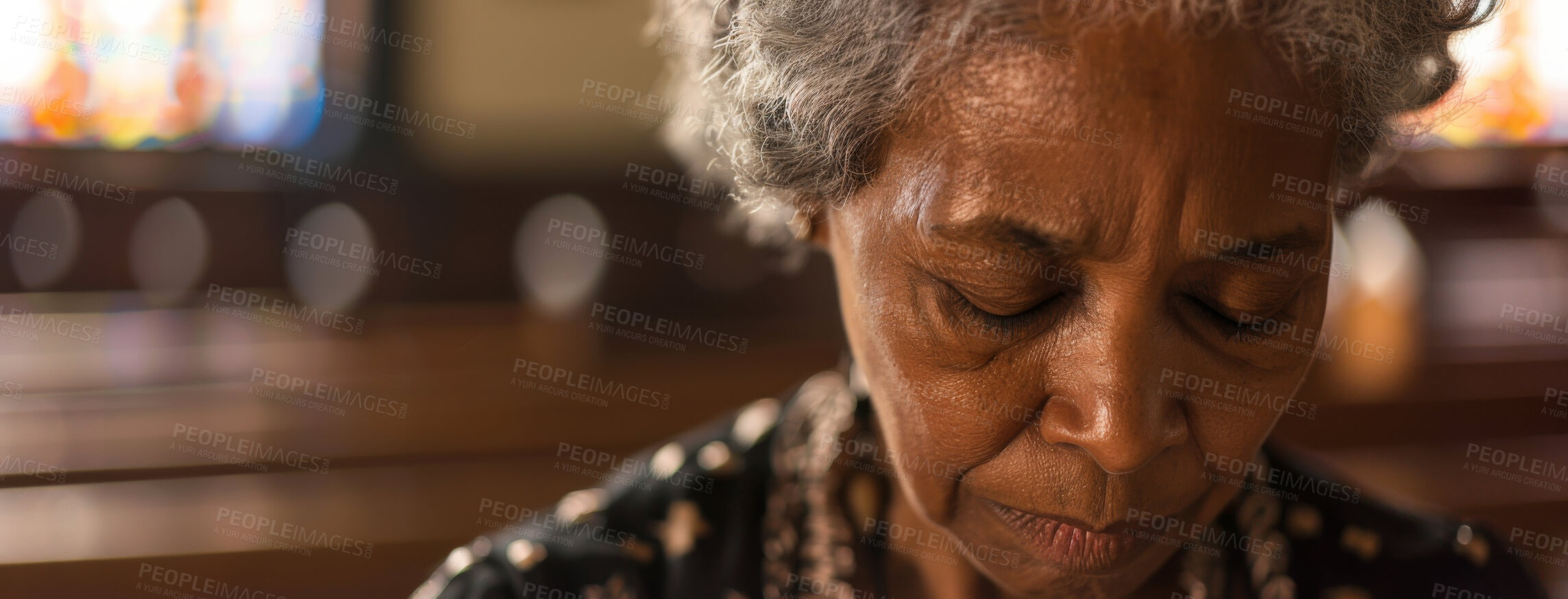 Buy stock photo Elderly woman, prayer and faith for religion, church or cathedral for hope or spirituality. African lady, peace or worship for gratitude, forgiveness and holy gospel for God or Jesus for Christianity