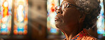 Woman, praying and God in church with eyes closed, Sunday service and Christian believer in prayer. Jesus Christ, worship and gratitude or repentance for faith belief, spirituality and healing