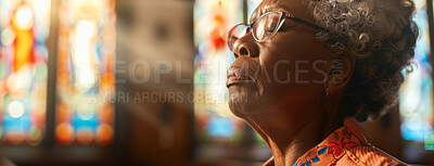 Buy stock photo Woman, praying and God in church with eyes closed, Sunday service and Christian believer in prayer. Jesus Christ, worship and gratitude or repentance for faith belief, spirituality and healing