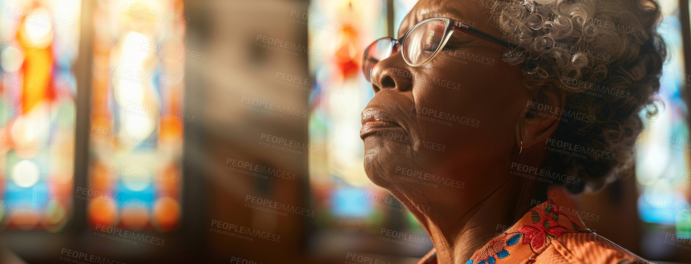 Buy stock photo Woman, praying and God in church with eyes closed, Sunday service and Christian believer in prayer. Jesus Christ, worship and gratitude or repentance for faith belief, spirituality and healing