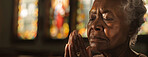 Elderly woman, prayer and faith for religion, church or cathedral for hope or spirituality. African lady, hands and worship for gratitude, forgiveness and holy gospel for God or Jesus or Christianity