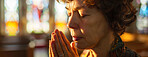 Woman, praying and hands in church with eyes closed, Sunday service and Christian believer in prayer to God. Jesus, worship and gratitude or repentance for faith belief, spirituality and healing