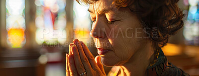 Buy stock photo Woman, praying and hands in church with eyes closed, Sunday service and Christian believer in prayer to God. Jesus, worship and gratitude or repentance for faith belief, spirituality and healing