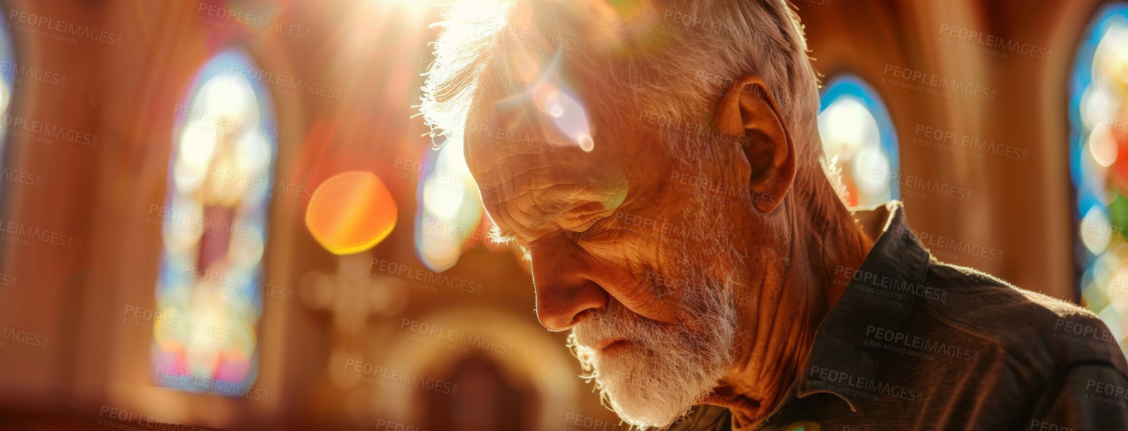 Buy stock photo Church, senior man and praying for faith, religion and spiritual with gratitude, hope and forgiveness. Lens flare, worshipper and elderly guy in temple, peace and trust with thank you and Christian