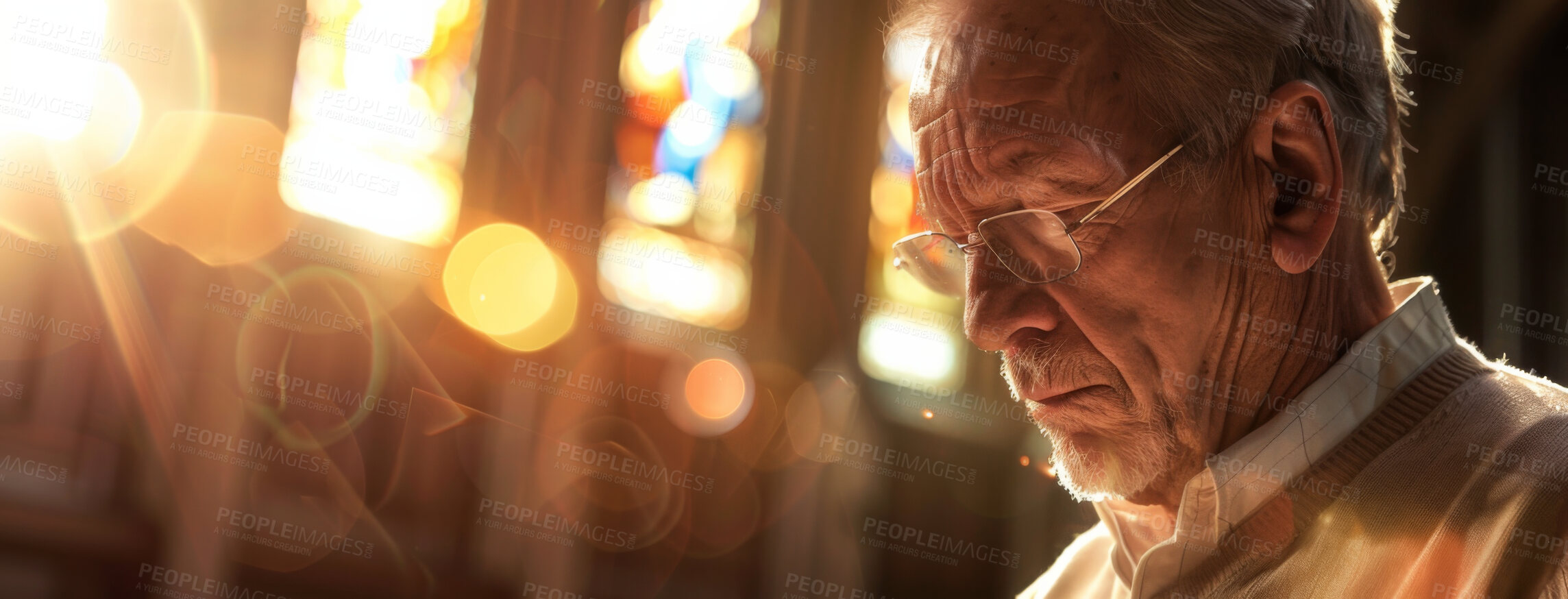 Buy stock photo Church, senior man and praying with religion, hope and spiritual with gratitude, Christian and forgiveness. Lens flare, healing for soul and elderly guy in banner, peace and thank you with worship