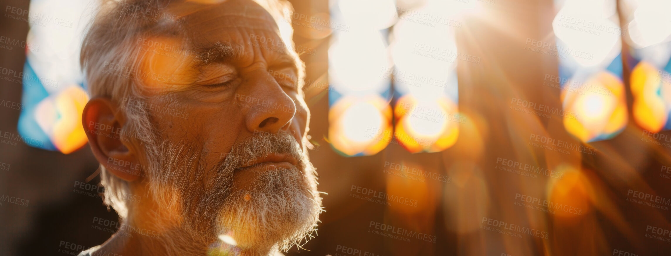 Buy stock photo Church, senior man and praying for faith, worship and spiritual with gratitude, lens flare and forgiveness. Christian, hope and elderly guy in temple, peace and trust with thank you, soul and healing