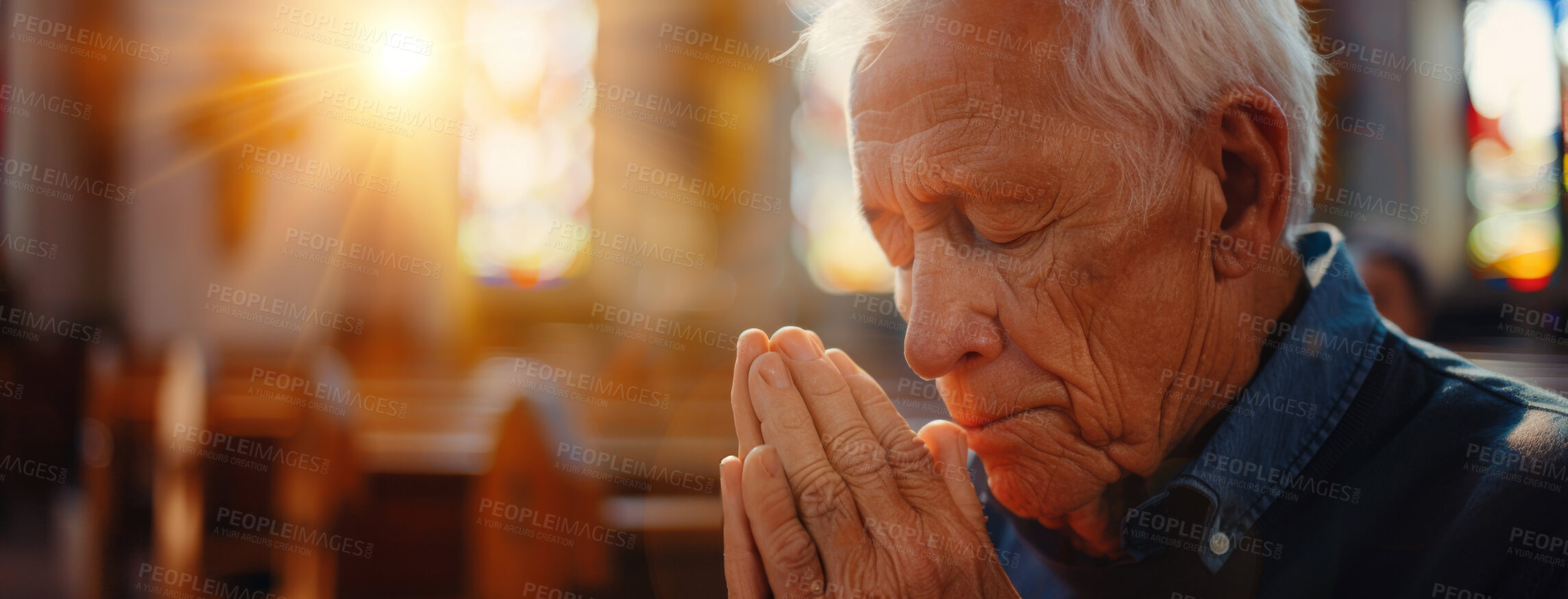 Buy stock photo Church, senior man and praying for religion, praise and spiritual with gratitude, worship and thank you. Lens flare, faith and elderly guy in temple, peace and Christian with trust, healing and hope