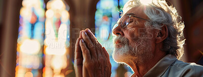 Buy stock photo Church, old man and praying for faith, hand together or spiritual with gratitude, Catholic or forgiveness. Religion, healing or elderly guy in temple, peace or trust with thank you, hope or Christian