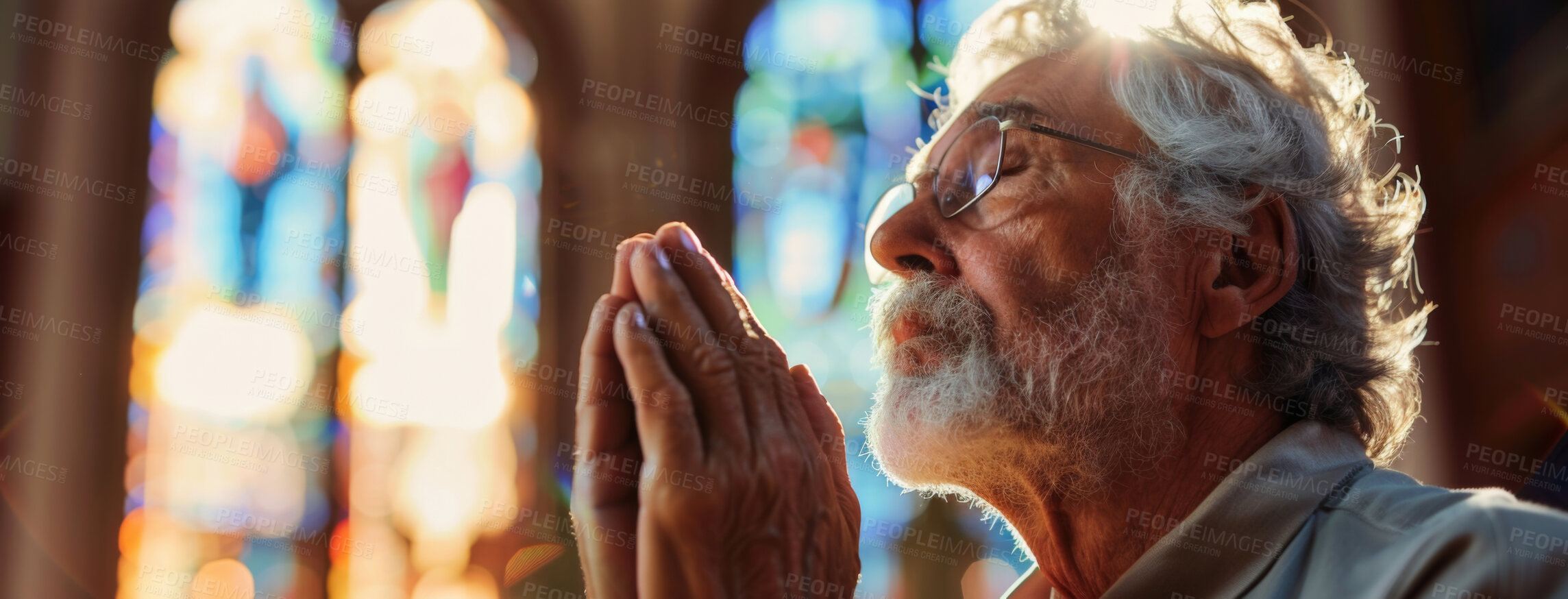 Buy stock photo Church, old man and praying for faith, hand together or spiritual with gratitude, Catholic or forgiveness. Religion, healing or elderly guy in temple, peace or trust with thank you, hope or Christian