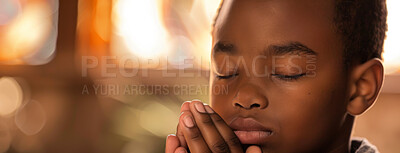 Boy, prayer and faith for religion, church or cathedral for hope or spirituality. African kid, hands and worship for gratitude, forgiveness and holy gospel for God or Jesus Christ with Christianity