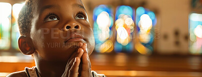 Child, prayer and faith for religion, church or cathedral for hope or spirituality. African boy, hands and worship for gratitude, forgiveness and holy gospel for God or Jesus Christ with Christianity