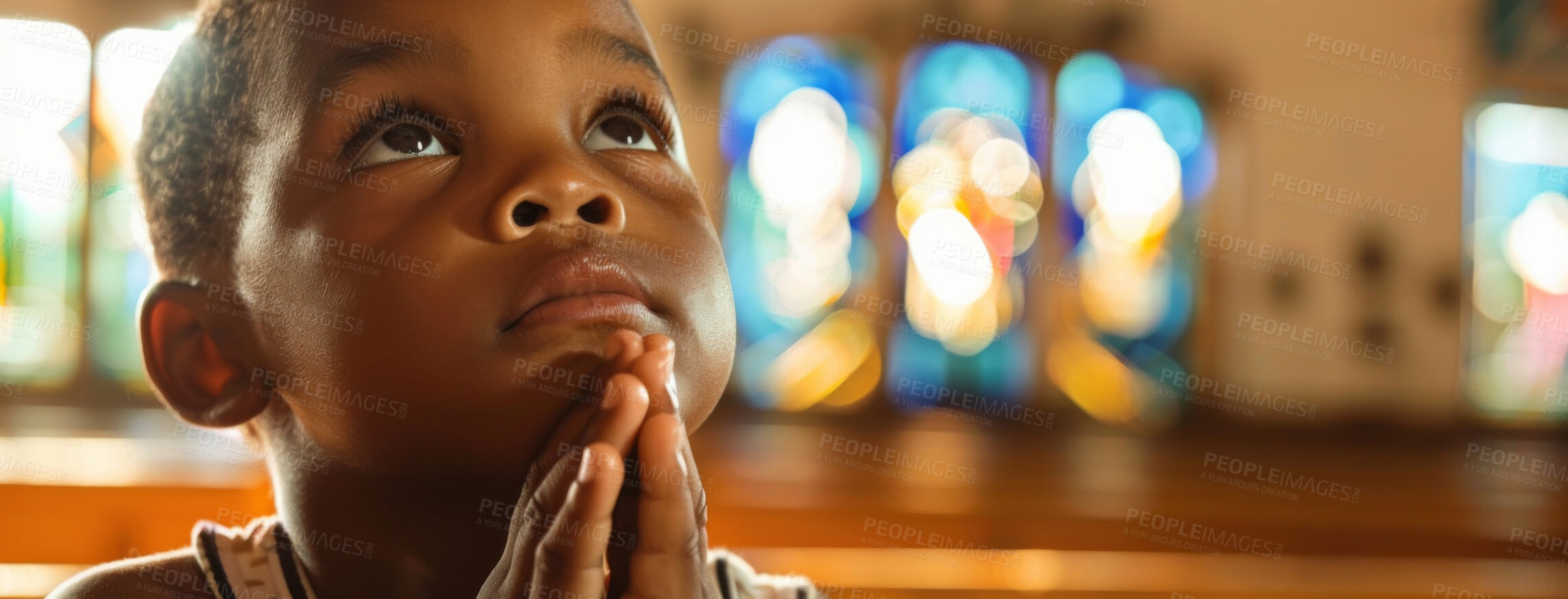 Buy stock photo Child, prayer and faith for religion, church or cathedral for hope or spirituality. African boy, hands and worship for gratitude, forgiveness and holy gospel for God or Jesus Christ with Christianity