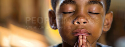 Buy stock photo African child, prayer and faith for religion, church or cathedral for hope or spirituality. Boy, hands and worship for gratitude, forgiveness and holy gospel for God or Jesus Christ with Christianity