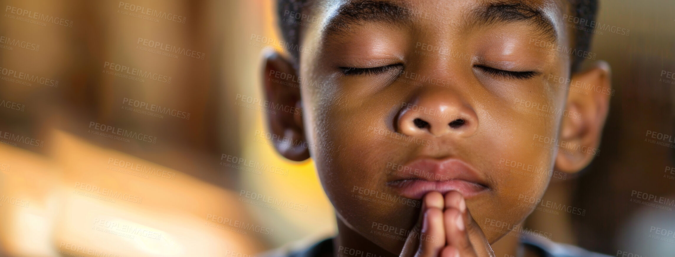 Buy stock photo African child, prayer and faith for religion, church or cathedral for hope or spirituality. Boy, hands and worship for gratitude, forgiveness and holy gospel for God or Jesus Christ with Christianity