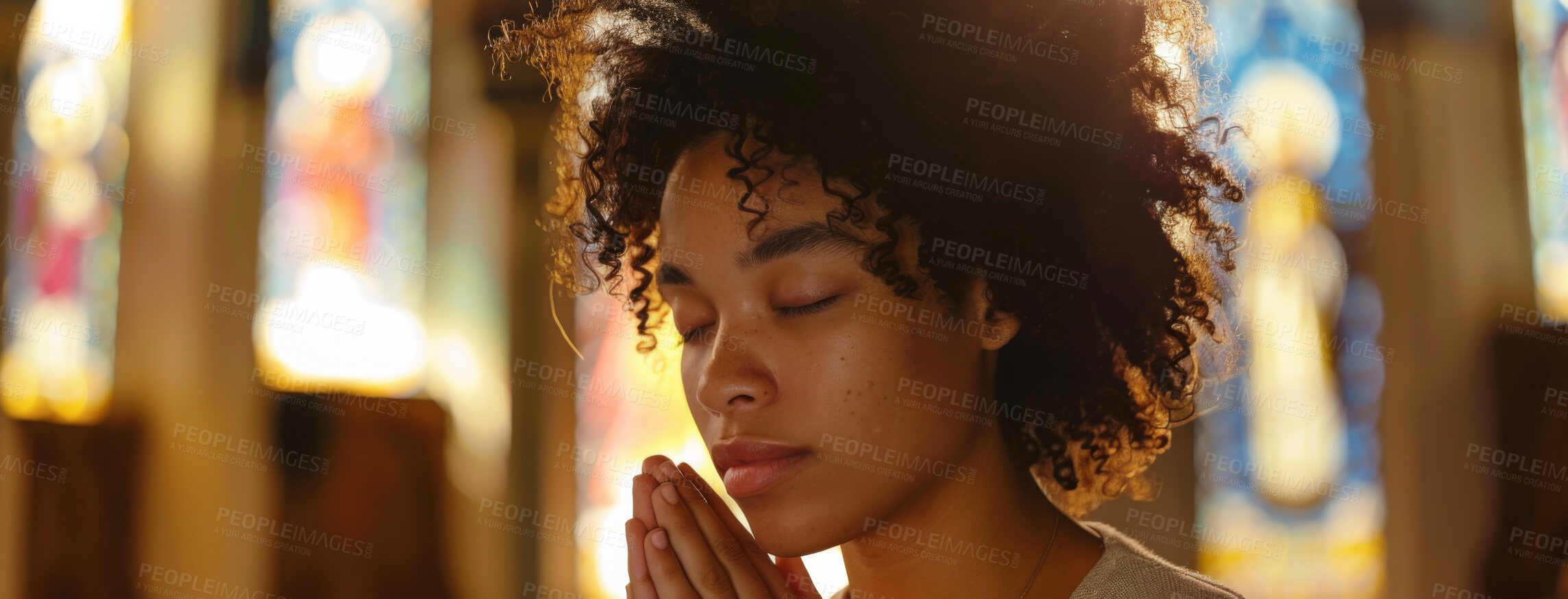 Buy stock photo Woman, prayer and faith for religion, church or cathedral for hope or spirituality. African girl, hands or worship for gratitude, forgiveness and holy gospel for God or Jesus Christ with Christianity